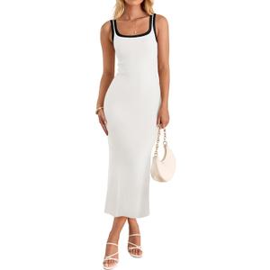 ZESICA Women's 2026 Summer Bodycon Midi Dress Casual Sleeveless Square Neck Side Slit Knit Beach Vacation Long Dresses, M