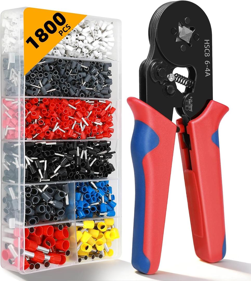 Ferrule Crimping Tool Kit - 1800PCS Wire Ferrules (AWG 23-7) with Self-Adjusting Ratchet Crimper Plier, Wire Ends Terminals Connectors Set for Electrical Wiring, Automotive, Audio, DIY