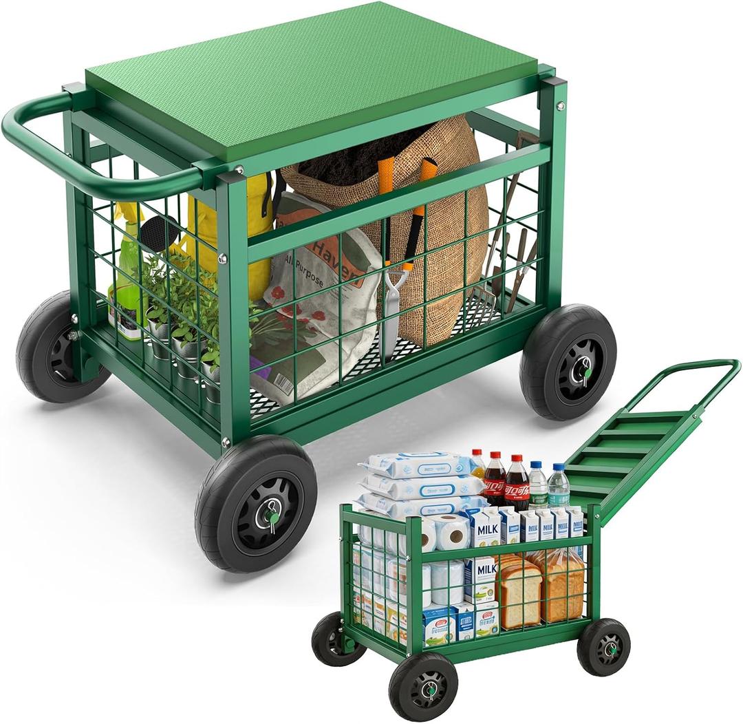 Extra Large Garden Cart with Seat, 3-in-1 Rolling Workseat with Wheels
