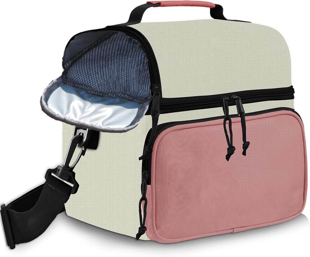 Insulated Lunch Box Dual Compartment Lunch Bag Leakproof Cooler for Men Women with Adjustable Strap,for Work, Picnic, Beach, Camping, Travel (Pink Beige,12L)