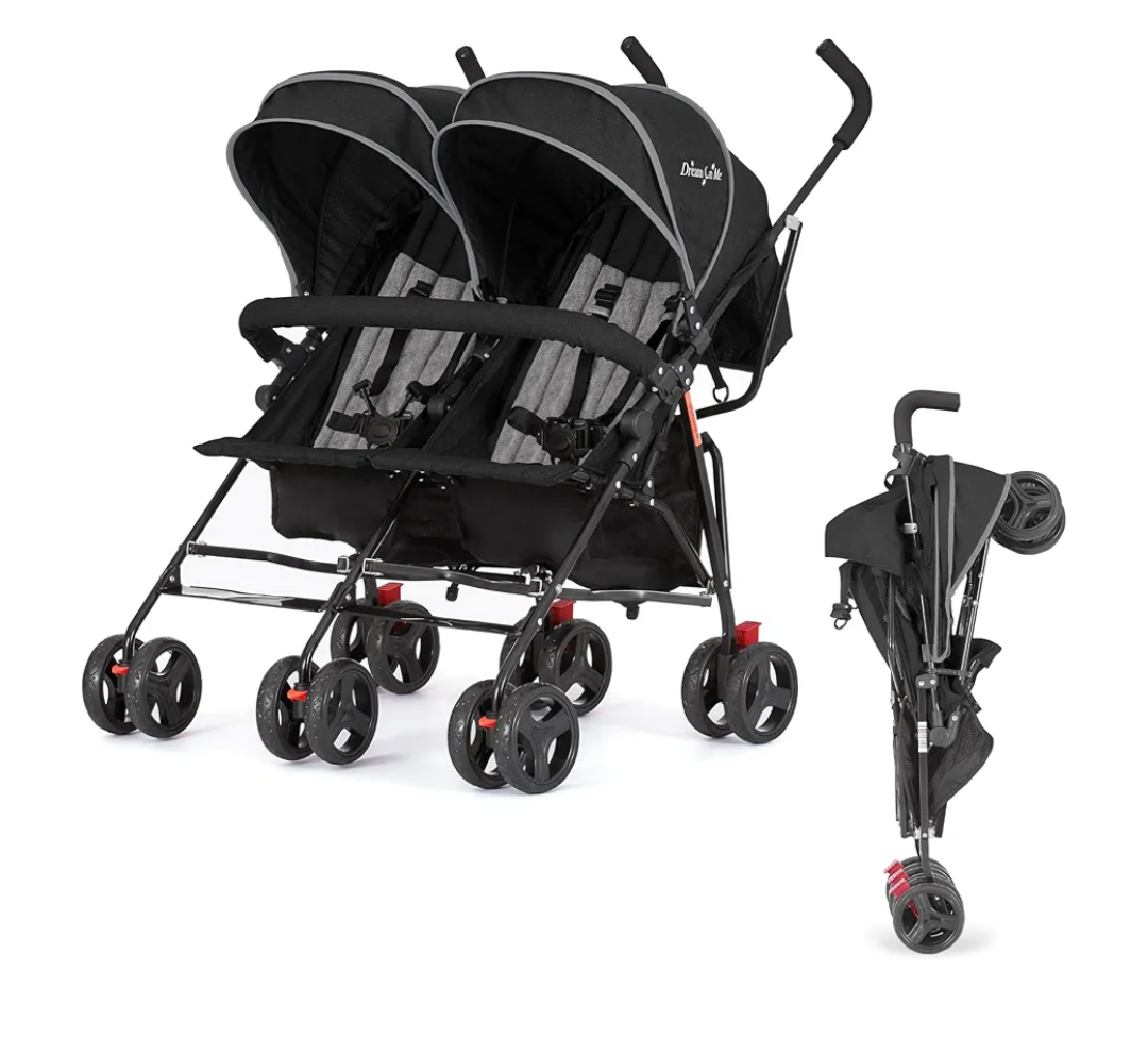 Dream On Me Volgo Twin Umbrella Stroller in Black, Lightweight Double Stroller for Infant & Toddler, Compact Easy Fold, Large Storage Basket, Large and Adjustable Canopy