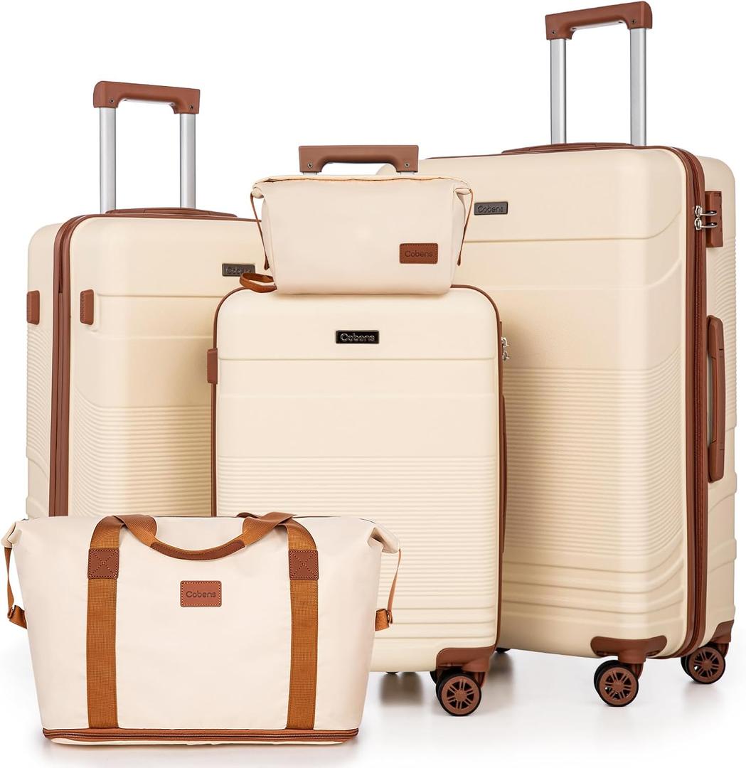 Luggage Sets 5 Piece with Spinner Wheels, Lightweight Hardshell Suitcases Set with Lock for Men and Women, Carry on Luggage Travel Set with Durable ABS Hard Case (Beige)