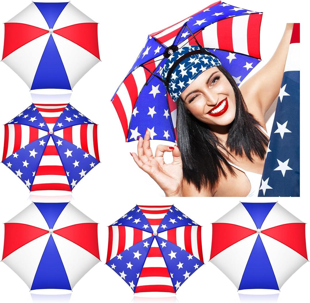 Talltalk 6 Pcs Patriotic Umbrella Hat White Red Blue Umbrella Cap 4th of July Comfortable Design Head Cap for Summer Camping Gardening Fishing Beach Golf Outdoor Party Headwear, Fits Adults Kids