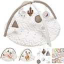 Tummy Time Mat with 6 Toys, Macrame Baby Play Mat for Newborn, Baby Gym with 12 Milestone Cards, Stage-Based Sensory and Motor Skill Development Baby Play Gym, Non Slip Mat Washable, Khaki
