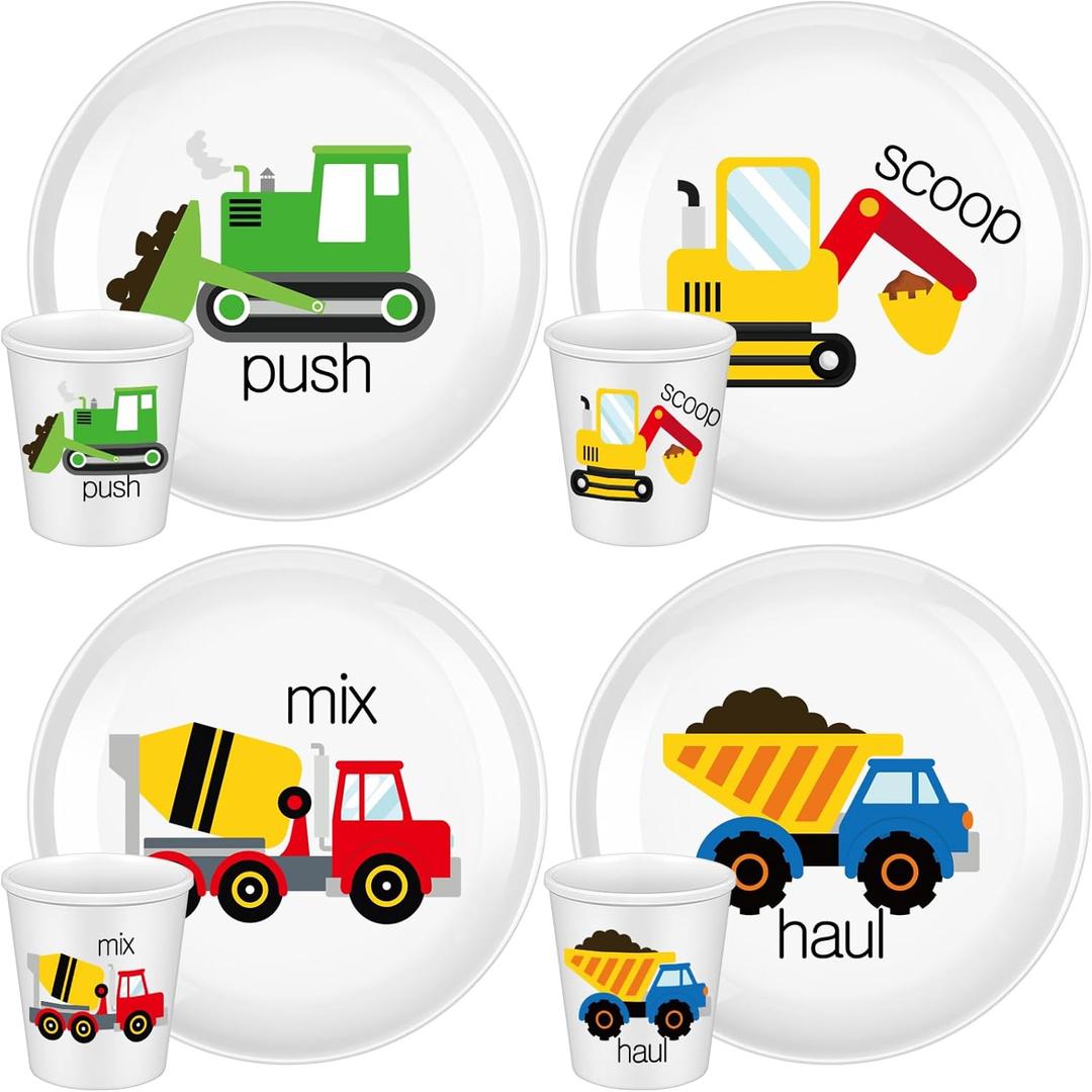 4 Sets Construction Truck Plates with Cups for Kids Toddlers Fun Construction Truck Eating Utensils Set Drop Resistant Cute Plastic Dishes Dishwasher Safe