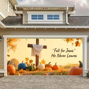 Fall Garage Door Banner 13x6ft Fall for Jesus Cross Pumpkins Rustic Backdrop Banners for Outside Indoor Autumn Door Cover Wall Covering for Party Garage Decorations