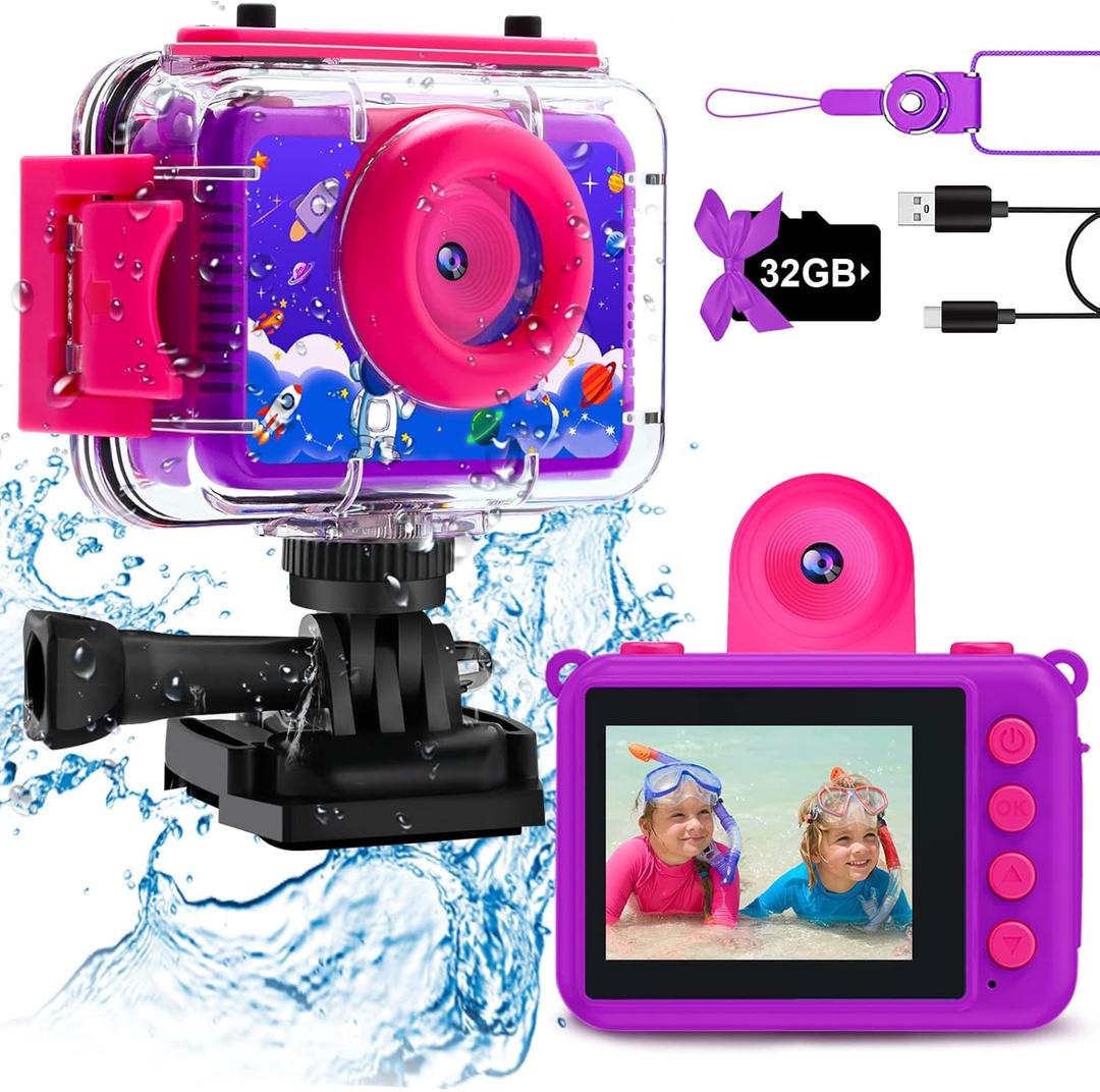 Pool Toy & Kids Underwater Camera - 99FT Waterproof Kid Action Camera 1080P Video&20MP Photo with Flip Lens, Includes 32GB Card for Diving Swimming Beach Snorkeling,Birthday Gift for Girls - GKTZ (Dark purple)