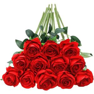 Tifuly 12 Pcs Red Roses Artificial Flowers,Realistic Long Stem Fake Silk Roses Bouquet for Party Home Wedding Centerpiece Office Decor
