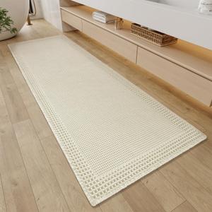 RESARE Waffle Bathroom Runner Rugs, Super Absorbent Bath Mat Non Slip Washable Quick Dry, Ultra Soft Quick Dry Boho Bath Rugs with Tassels for Hallway Bedroom Laundry Room, 2'x6'(24"x72"), Light Cream