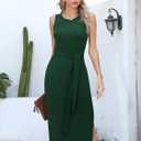 Missufe Women's Round Neck Sleeveless Tie Waist Knit Side Slit Slim Tank Midi Dress (Green, XL)