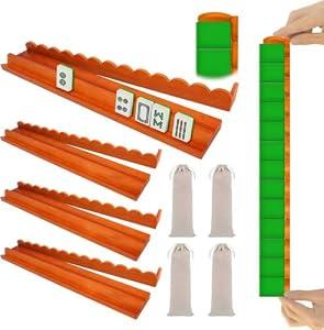 Lqliow Upgraded Version,Mahjong Racks with Pushers,20 Inch,Wooden American Mahjong Tile Pushers and Racks Set of 4, with 4 Mahjong Racks Drawstring Bag, Mahjong Accessories（Brown）