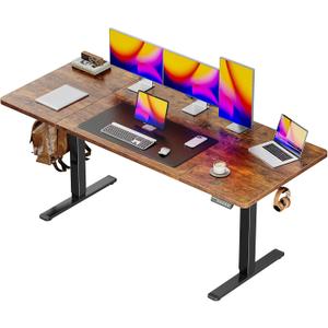 Huuger 63 x 28 Large Electric Standing Desk, Height Adjustable Computer Desk, 27.6" Deep Desktop, Stand up Gaming Office Table with 2 Hooks, 3 Preset Heights, for Home Office, Rustic Brown