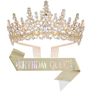 Birthday Tiara Crown with Sash for Women, Headband Hair Accessories for Wedding Party Costume Gold