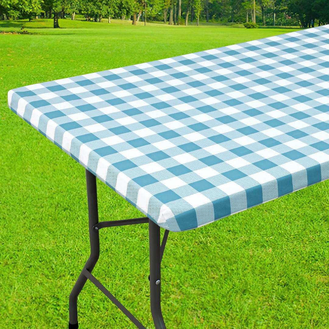 Smiry Rectangle Picnic Table Cloth, Elastic Waterproof Fitted Vinyl Tablecloths, Flannel Backed Buffalo Plaid Table Covers for Dining, Camping, Outdoor (White and Aqua, 30" x 72")