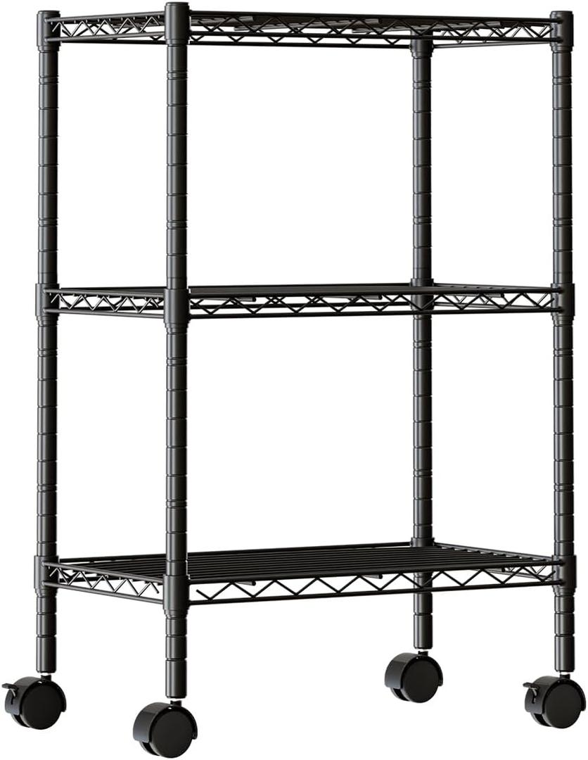 DUMOS 3-Tier Metal Wire Storage Shelves, Adjustable Standing Storage Rack Shelf with Wheels, Heavy Duty Steel Shelving Unit Organizers for Kitchen Bathroom Pantry Garage, 23.1"W13.4"D30.2"H, Black
