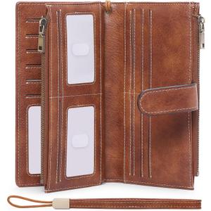 GOIACII Womens Wallets Large Capacity Credit Card Holder Rfid Wallet Women Double Zipper Pocket Leather Bifold Ladies Wristlet Clutch Wallet (A01-Brown)