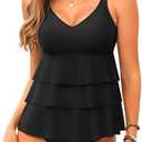 Tempt Me Women Tankini Top Only V Neck Swim Tops Tummy Control Bathing Suit Top No Bottom (Black, XL)