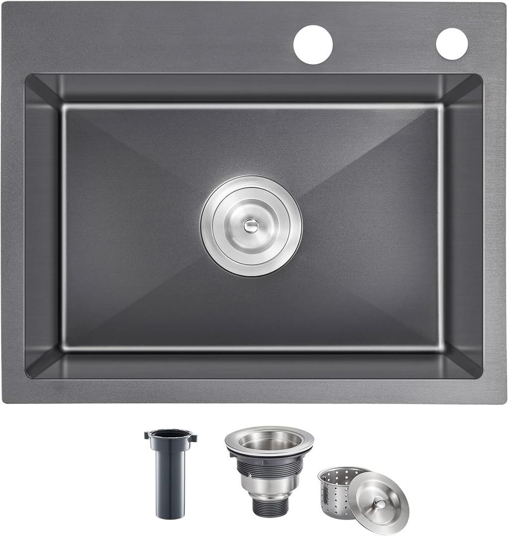 23 x 18inch Drop-in Tight Radius Black Stainless Steel Topmount Kitchen Sink Single Bowl