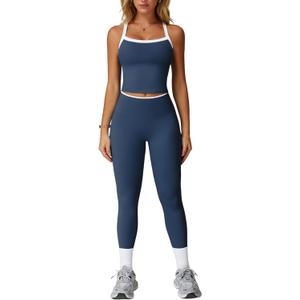 Womens Workout Sets Two Piece Cross Back Tank Top Matching High Waist Leggings Sets Gym Outfits Work Out Clothes (Medium, Colorblock Dark Blue)