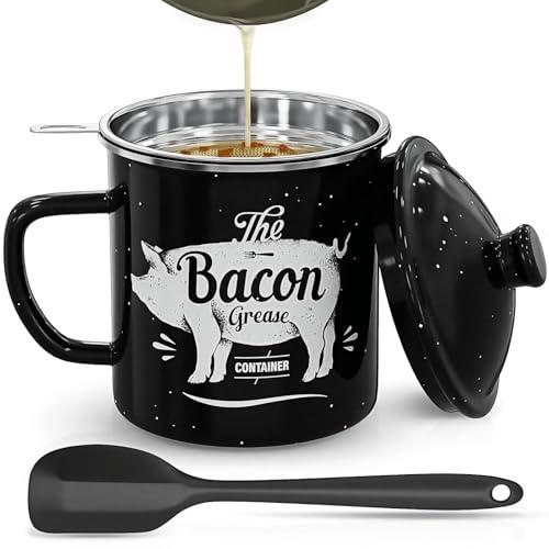 Bacon Grease Container With Strainer, 46OZ Large Enamel Grease Container, With Silicone Spatula, Farmhouse Bacon Grease Keeper, Cooking Oil Container For Kitchen Fat Storage, Dishwasher Safe-Black