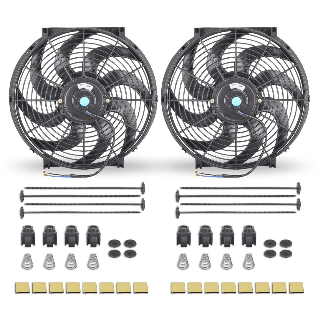 14 Inch Black Universal Slim Fan Push Pull Electric Radiator 12V High Performance Cooling Fan Mount Kit Set of 2 (14 Inch-Black-2PCS)