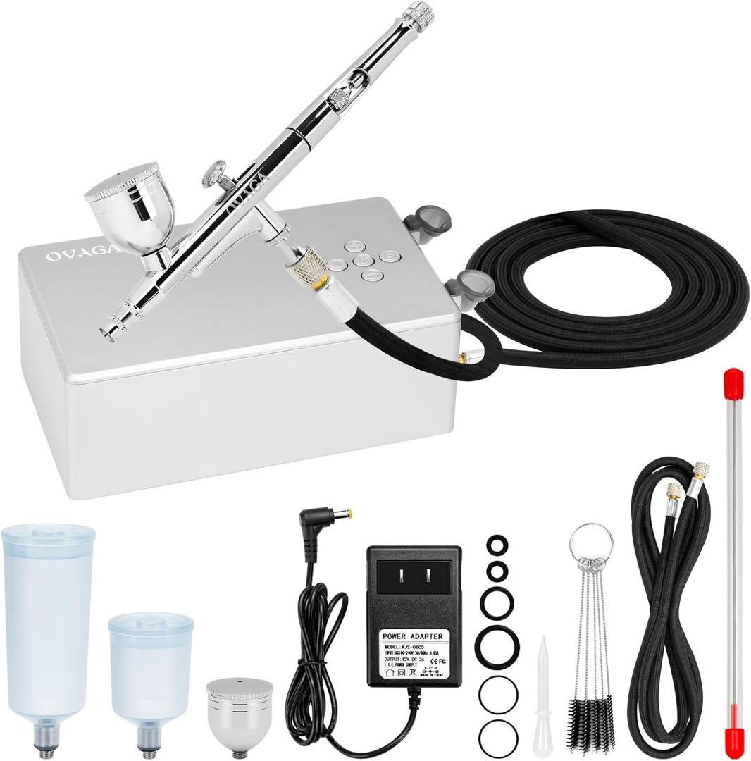 Ovaga 55PSI Ultra-Silent Airbrush Kit, Dual-Action Multi-Function Airbrush Set with Compressor for Painting Portable Air Brush Set for Cake Decoration Makeup Art Craft Nail Design Model Tattoo, Silver