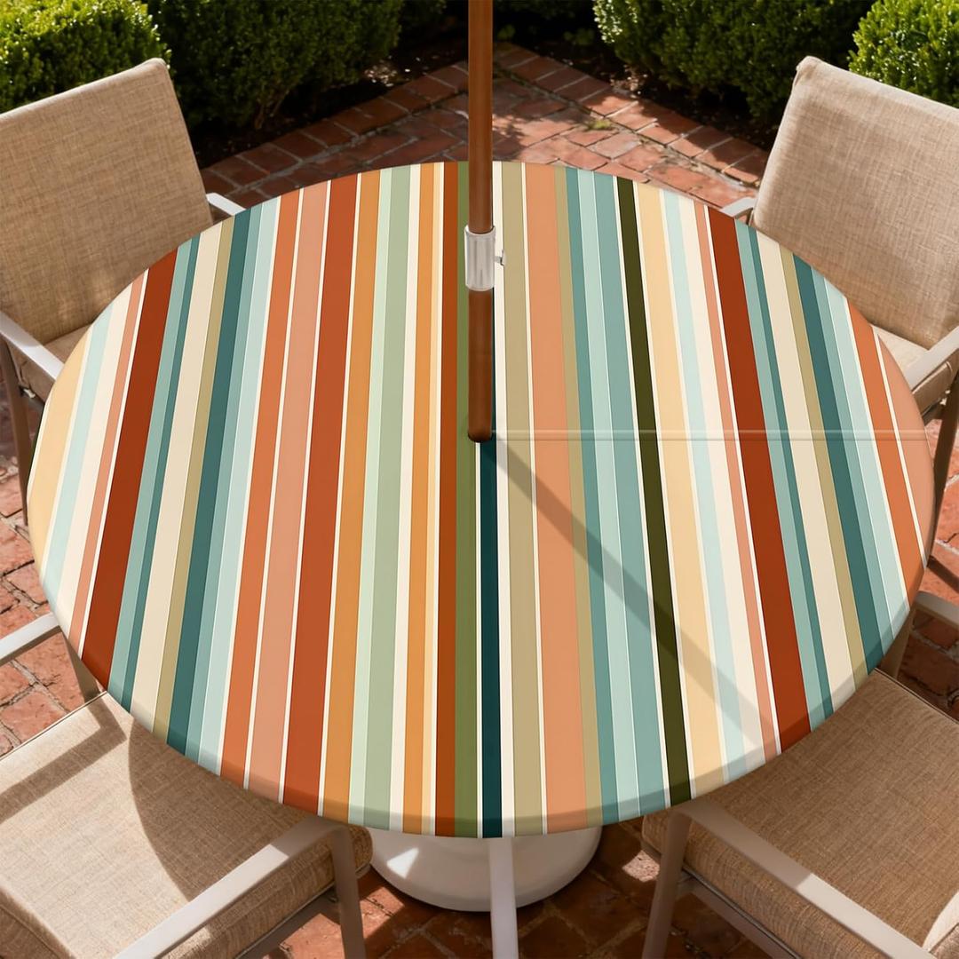Outdoor Tablecloth with Umbrella Hole and Zipper Fits 32-36" Tables | Waterproof Round Fitted Tablecloth with Elastic Edge, Wipeable Outdoor Table Cover for Patio, Garden, Picnic