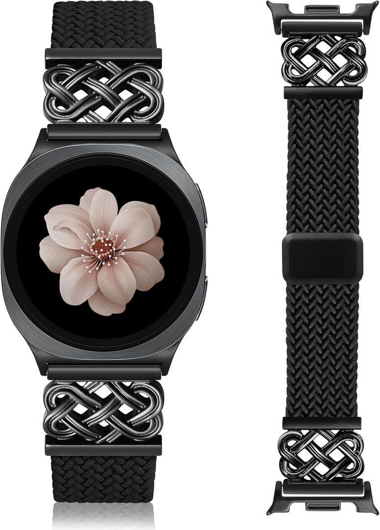 Braided Magnetic Band Compatible with Samsung Galaxy Watch 8 7 6 5 4 FE 40mm 44mm/8 6 Classic/5 Pro/4 Classic/3 41mm/Active 2 Women Men, 20mm Celtic Stretchy Elastic Dressy Nylon Strap, No for Ultra (Black/Black)
