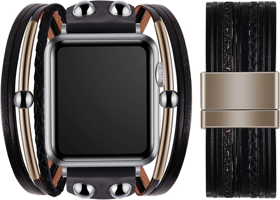VIQIV Bracelet Band Compatible with Apple Watch Band 38mm 40mm 41mm 42mm 44mm 45mm 49mm Ultra for Women, Beaded Jewerly Fancy Leather Cuff Dressy Pretty Straps for iWatch Series SE 9/8/7/6/5/4/3/2