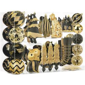 SHareconn 145pcs Christmas Balls Ornaments Set, Shatterproof Plastic Baubles Snowflakes, Stars and Tree Topper for Xmas Tree Holiday Wedding Party Decorations with Hanging Strings,Light Gold and Black
