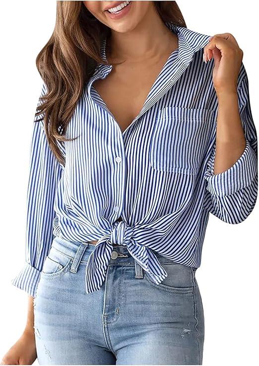 ANRABESS Womens Long Sleeve Collar Shirts Striped Button Down Dressy Blouse 2026 Spring Business Casual Work Office Tops White Blue Stripe Large