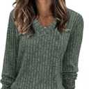 Sampeel V Neck Long Sleeve Shirts for Women Casual Fall Tops Lightweight Tunic Sweaters Fashion Clothes Loose Fit 2025 (Green, L)