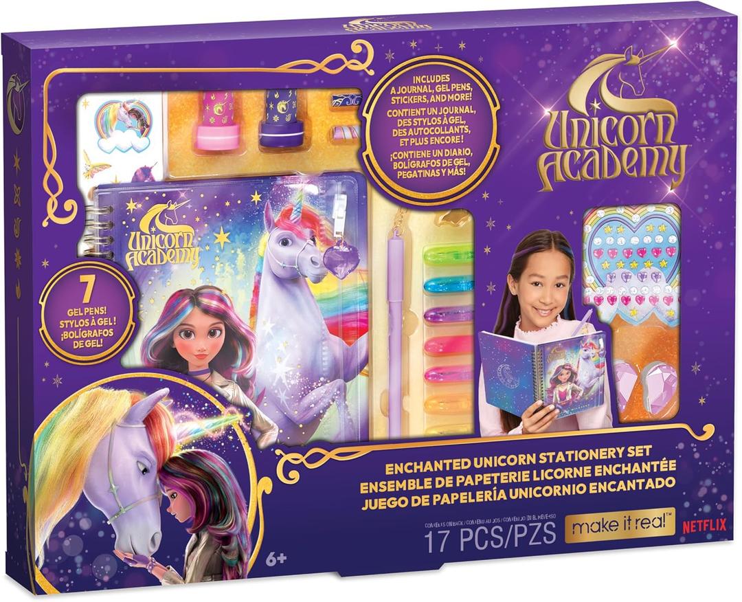 Make It Real: Unicorn Academy: Enchanted Unicorn Stationery Set - 17pc Journal Kit, Gel Pens-Stickers-Erasers-Gems, Diary, Netflix Series, Kids 6+
