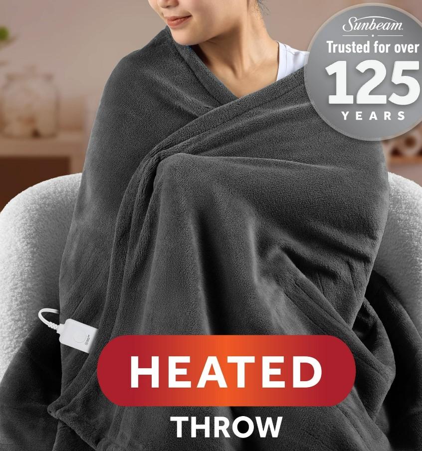Sunbeam Electric Heated Throw Blanket Oversize Grey stone Microplush 4 Heat Settings