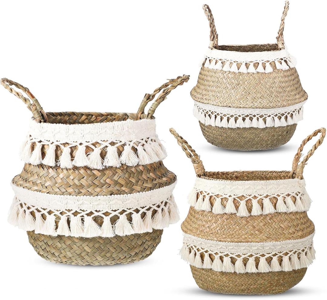 Wesiti 3 Set Seagrass Belly Basket Woven Plant Pot Holder Basket with Handles Tassels handmade Home Decor for Plant Storage Laundry Grocery, Small, Medium, Large