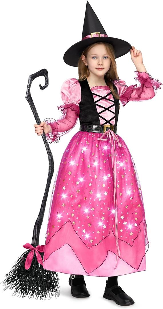 Spooktacular Creations Girls Witch Costume, Light up Witch Costume Kids, Starry Dress for Child Halloween Role Play Parties (Small(5-7 yrs), Pink)