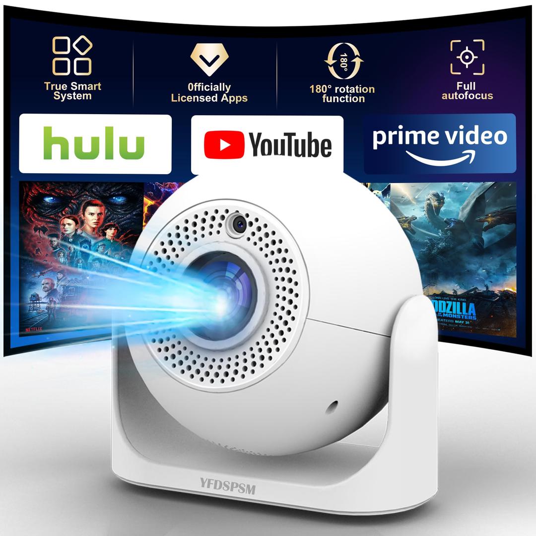 Smart Mini Projector with WiFi & Bluetooth, 4K Support 180° Rotatable Auto Focus & Keystone Portable Proyector with Builtin APPS and Speaker Outdoor Movie Home Theater Projector
