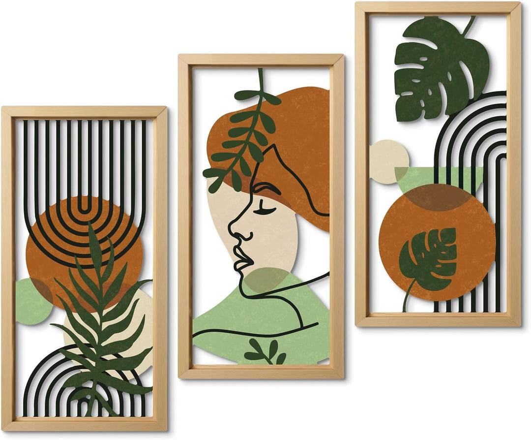Putuo Decor Set of 3 Boho Wall Decor with Woman Face, Abstract Wall Art Botanical Cut-Out MDF Panels, Mid-Century Modern Aesthetic Artwork for Bedroom Living Room Office