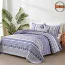Lilac Boho Quilt Set King Size,3 Piece Light Purple Bohemian Striped Bedspread Coverlet Set with 2 Pillow Cases Lightweight Soft Microfiber Bedding Set for All Seasons (104"x90")
