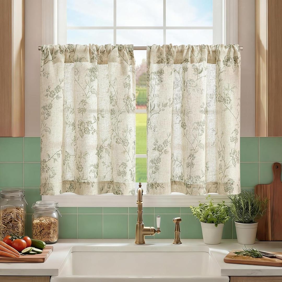 jinchan Floral Linen Kitchen Tier Curtains, 30 Inch, 2 Panels, Green | Rod pocket, linen-blend, botanical floral print, farmhouse, light filtering, privacy, kitchens and small windows