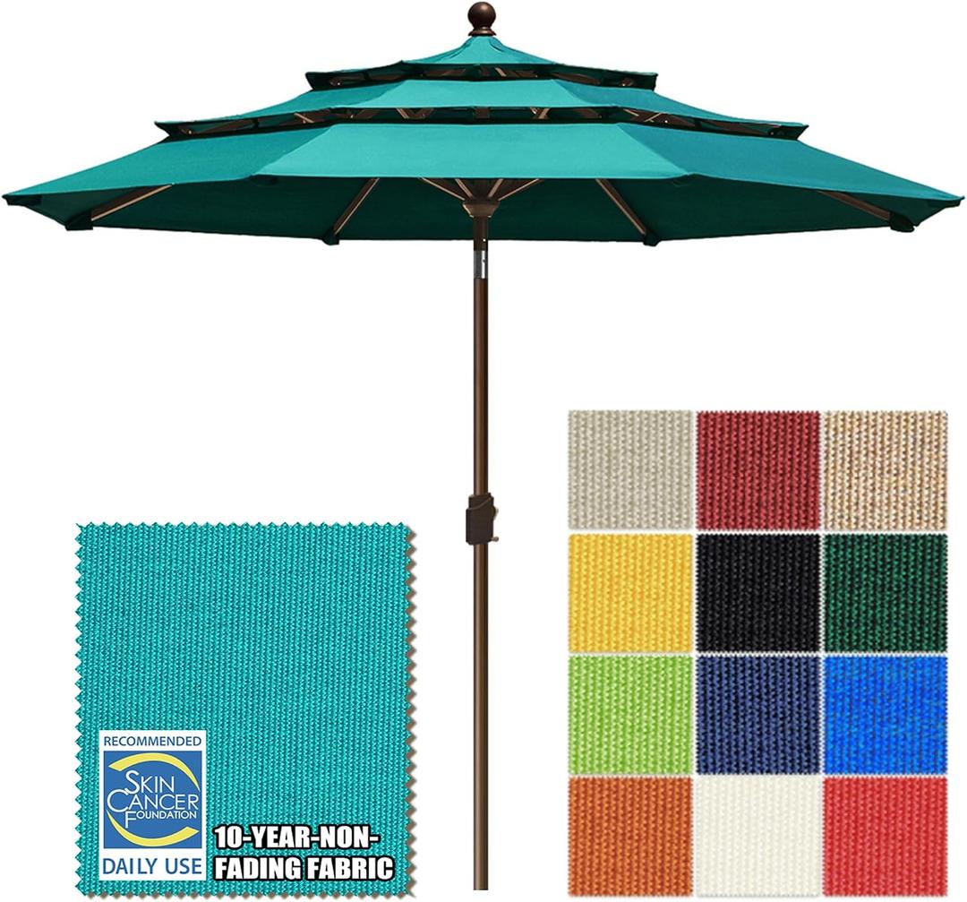 EliteShade USA 10-Year-Non-Fading 10ft 3-Tier Market Patio Umbrella, Commercial Grade Outdoor Table Umbrella with Crank Open, Windproof & UPF 50+ UV Protection, Heavy Duty Ventilation for Garden, Deck, Pool, Backyard, Beach & Bistro, Teal