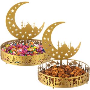 2 Pcs Ramadan Eid Plate Tray Mubarak Moon Dinner Tray Ramadan Serving plate Round Metal Muslim Dessert Trays Food Storage Display Holder for Eid Party Table Centerpiece