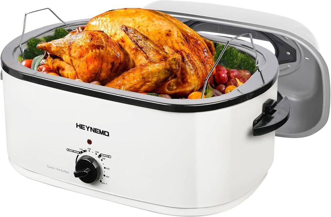 24 Quart Electric Roaster Oven with Visible & Self-Basting Lid, Large Turkey Roaster with Defrost Warm Function, Adjustable Temperature, Removable Pan Rack, Stainless Steel (24QT, White)