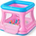 QPAU 3-in-1 Inflatable Bounce House for Toddlers 1-3, Ball Pit & Trampoline, Inflatable Bouncy House with Safety Net, Indoor & Outdoor Bubble Bouncer Baby Play YardBlue & Pink