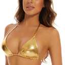 Halter Metallic Crop Top Shiny Triangle Bralette Rave Bra Swimsuit Top (Gold, Large)