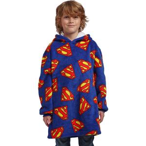 Bioworld Superman Logo All-Over Print Boy's Blue Long Sleeve Sherpa Lined Kids Wearable Hoodie Blanket