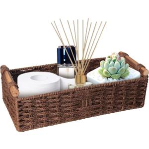 Round Paper Rope Storage Basket Wicker for Organizing with Handle, Decorative Bins Countertop Toilet Paper for Tank Top Small Set, Brown