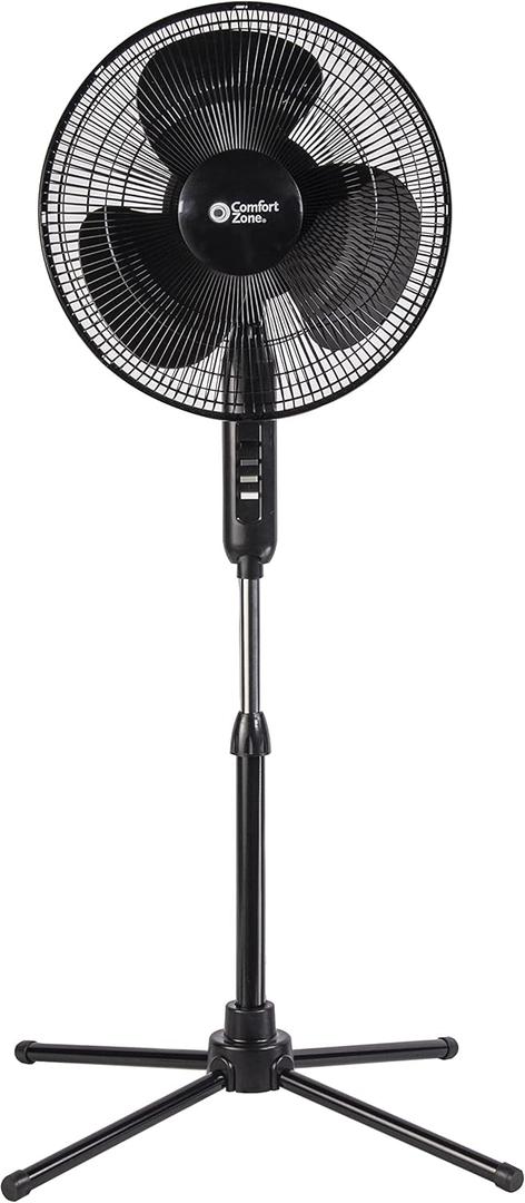 Comfort Zone Electric Oscillating Pedestal Fan, Stand Fan, 16 inch, 3 Speed, 90 Degree Oscillating Head, Adjustable Height and Tilt, Airflow 7.48 ft/sec, Ideal for Home, Bedroom & Office, CZST161BTEBK
