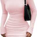 HBQ Women's Casual Sweater Dress Turtleneck Ribbed Bodycon Long Sleeve Mini Knit Dresses 2025 Fashion (Pink), S