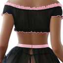 Sexy Stockings Mini Skirt Mesh Sheer Lace Halloween Costume Maid Outfit Lingerie with Thong Set 4 Piece (XL)